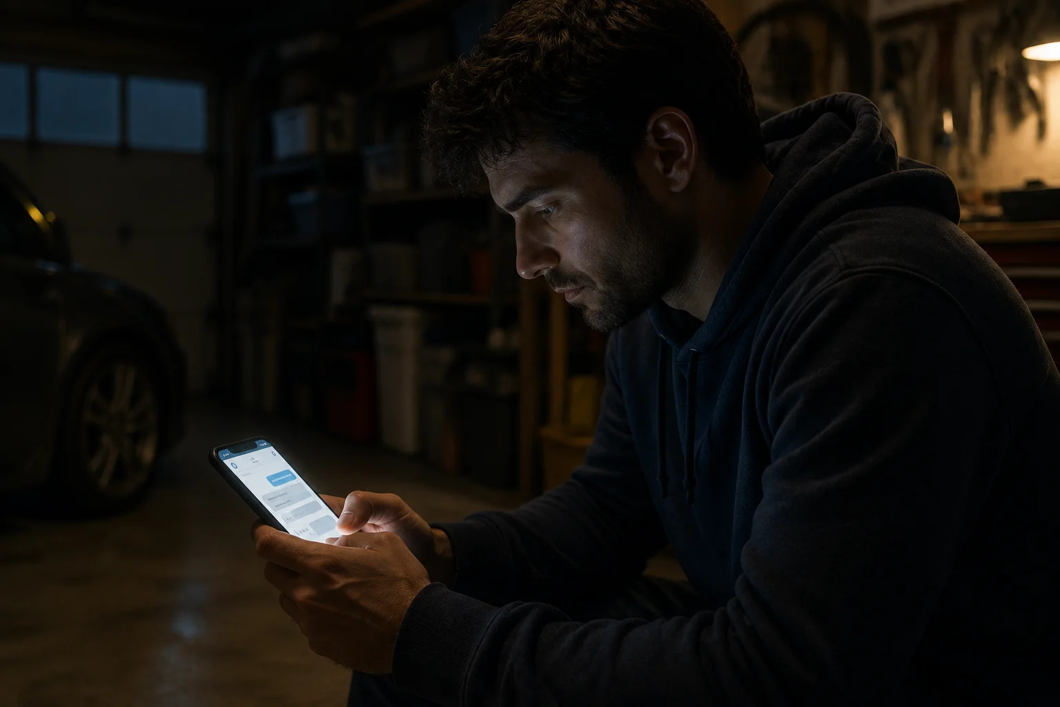 Hands holding a phone with a glowing chat screen in a dim garage