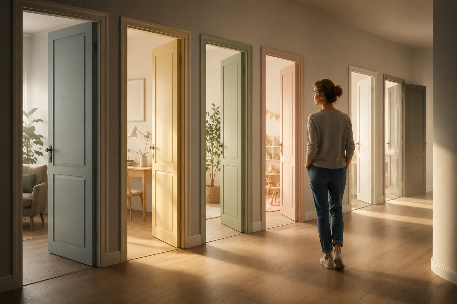 A hallway of half-open doors and a woman walking past them