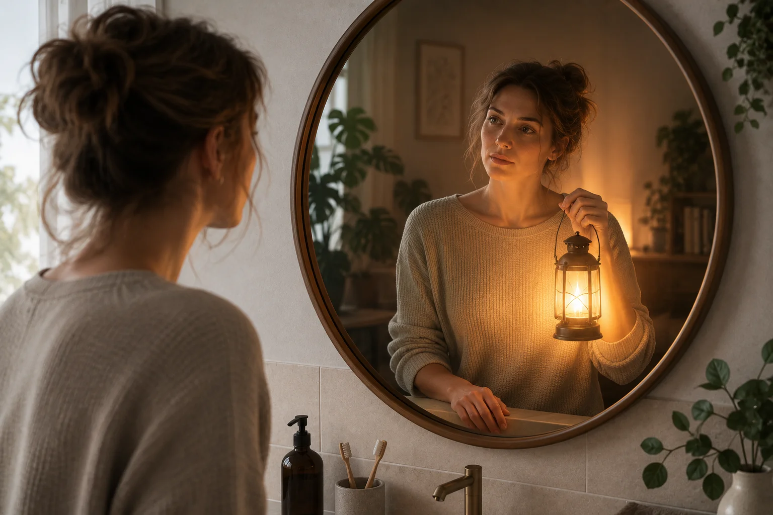 A person in front of a mirror, reflection holds a warm lantern