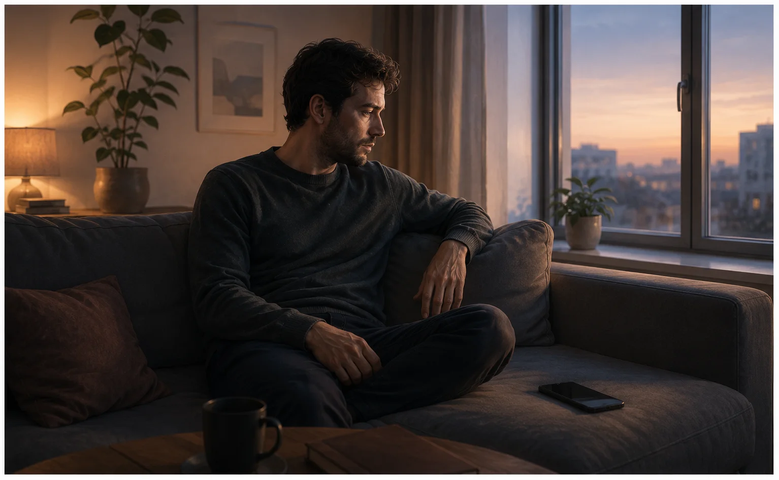 An adult man sitting on couch at dusk with phone face-down