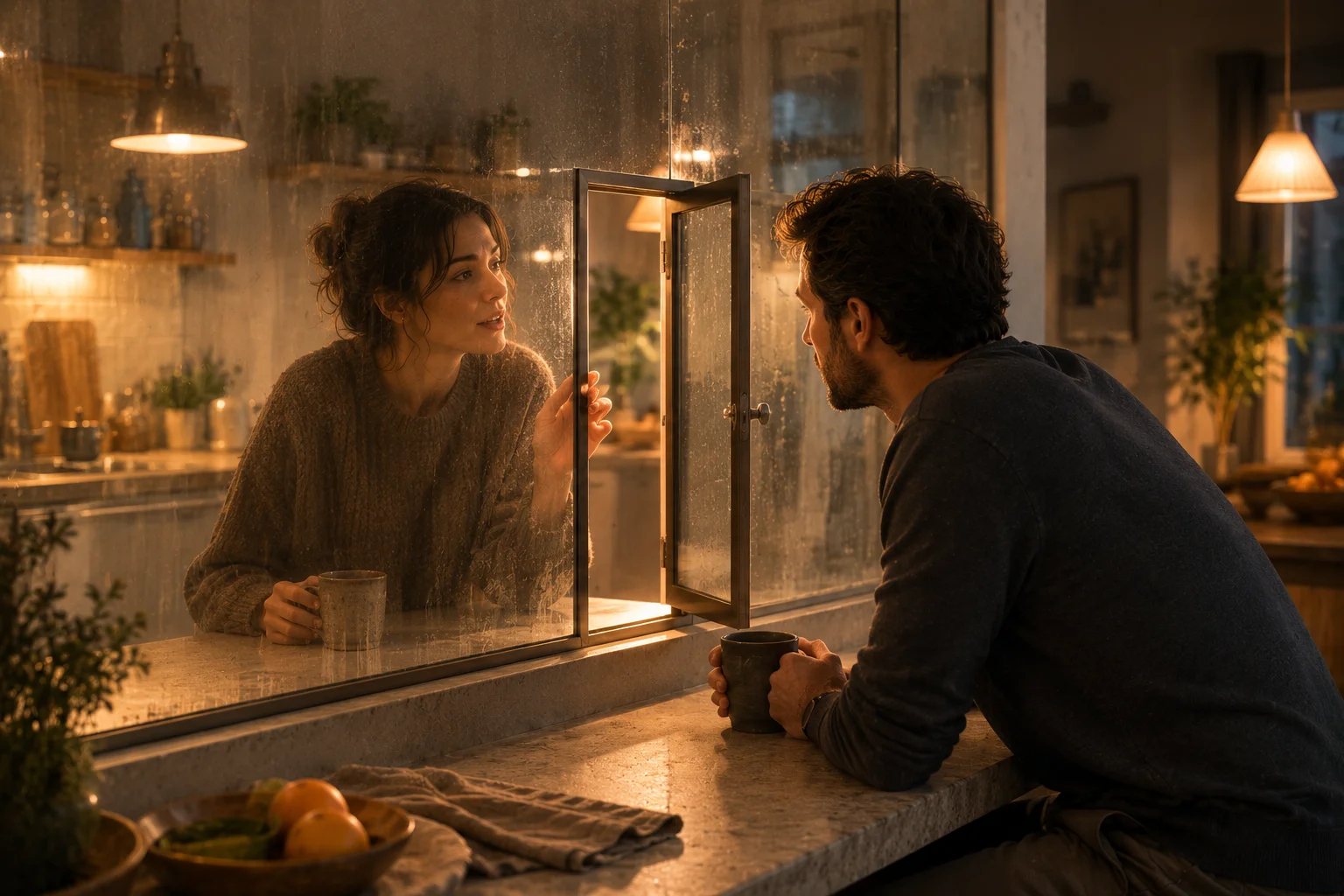 A couple at kitchen table with open door in glass wall between them